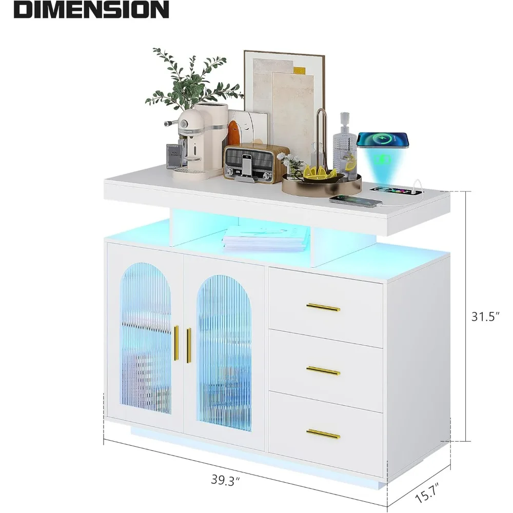 40-Zoll-LED-Buffetschrank, kabellose Ladestation, automatischer Sensor, dimmbar, Induktion des menschlichen Körpers, Sideboard-Schrank mit 3 Schubladen