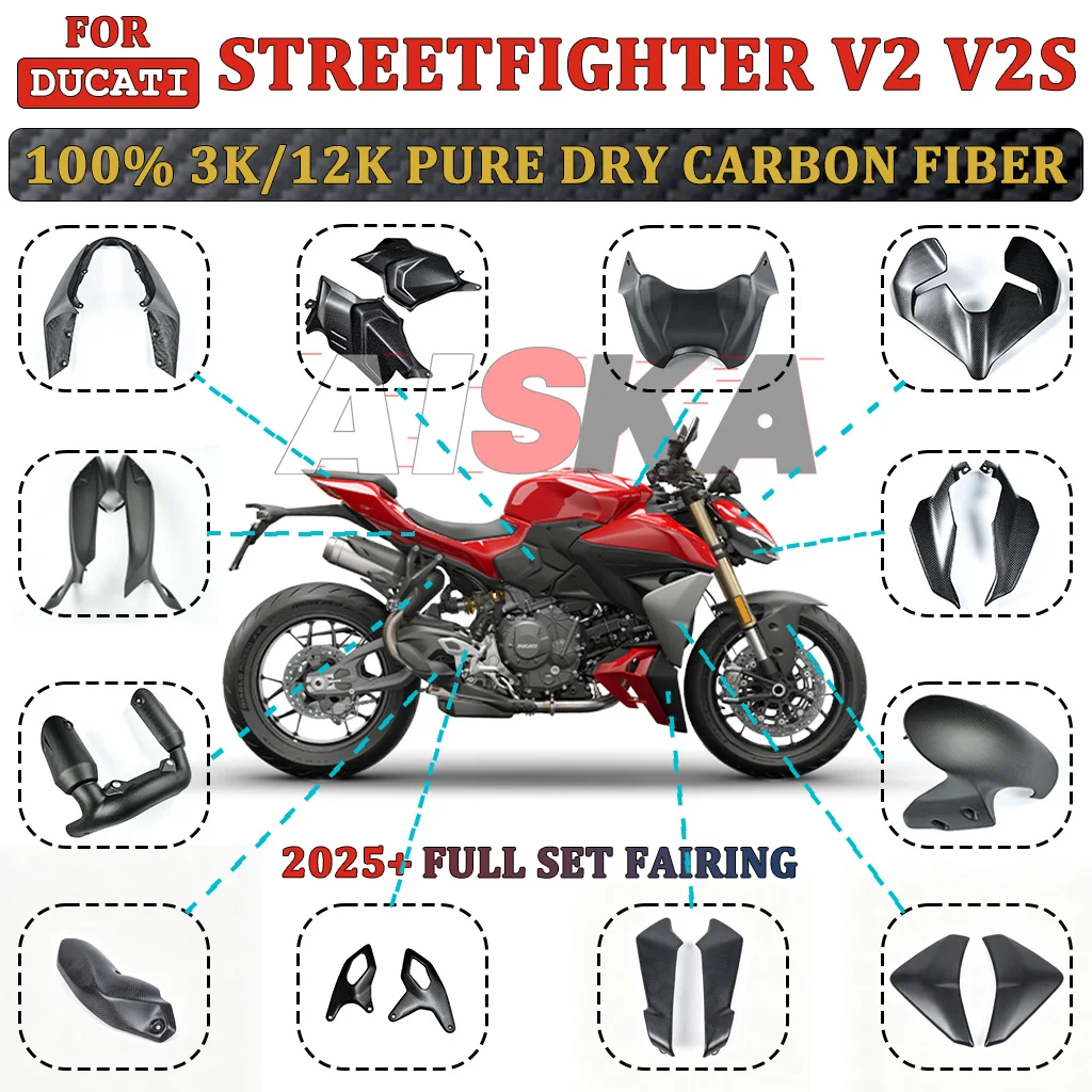 Kit de carénage en fibre de carbone pure pour Ducati Streetfighter V2 V2S 2025 2026 : garde-boue, protection thermique d'échappement et panneaux arrière