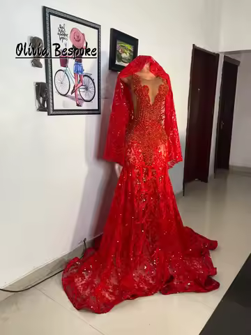 Opulent Red Svarf Aso Ebi Prom Dress Luxury Rhinestone Blackgirls 2 In 1 Mermaid Evening Dress Wowed Formal Party Customized