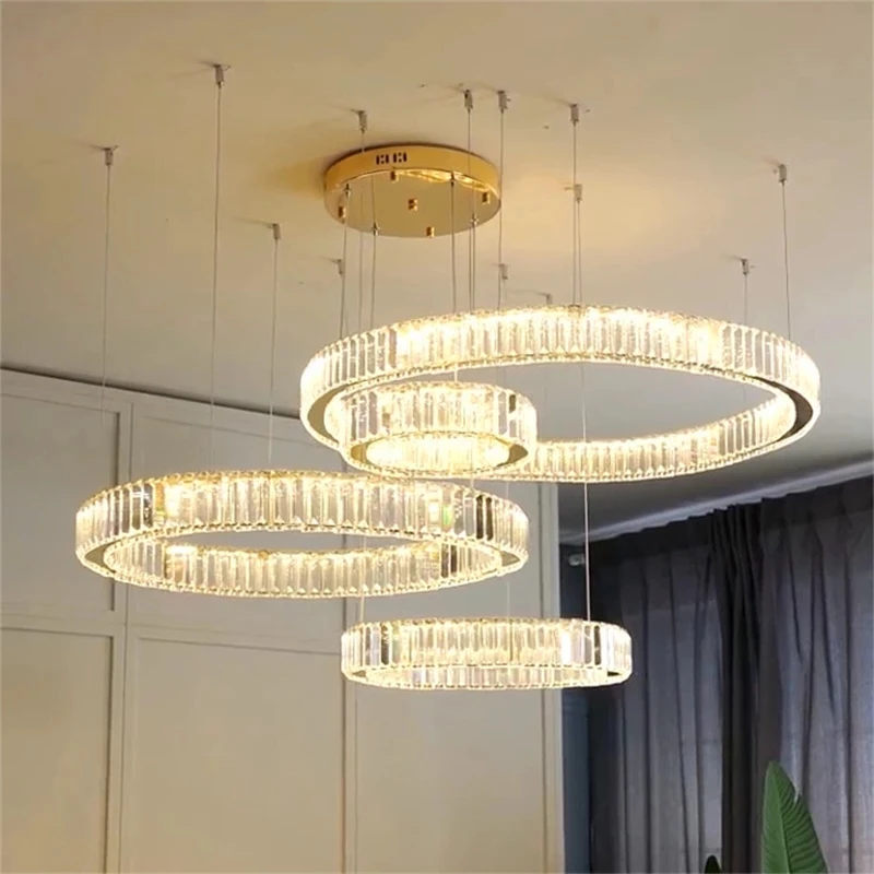 

New Modern Living Room Led Pendant Lights Luxury Lustre Crystal Chandelier Lamps Steel Circles Drop Light Suspend Lamp Fixtures