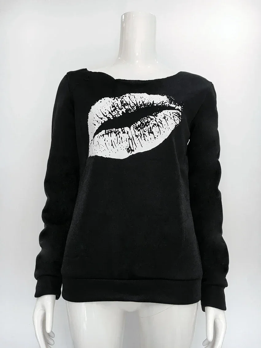 One Shoulder Hoodies Winter Women Printed Big Lips Fashion Thick Hoodie Pullover Sweatshirt Couple Women Cheap Loose Clothing