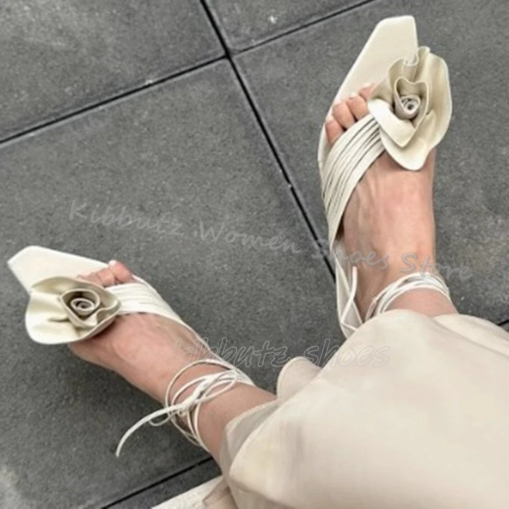 

Flowers Sandals Cross Strap Genuine Leather Solid Color Elegant Fashion Luxury Sexy Party Dress Women Shoes Heels Square Toe New