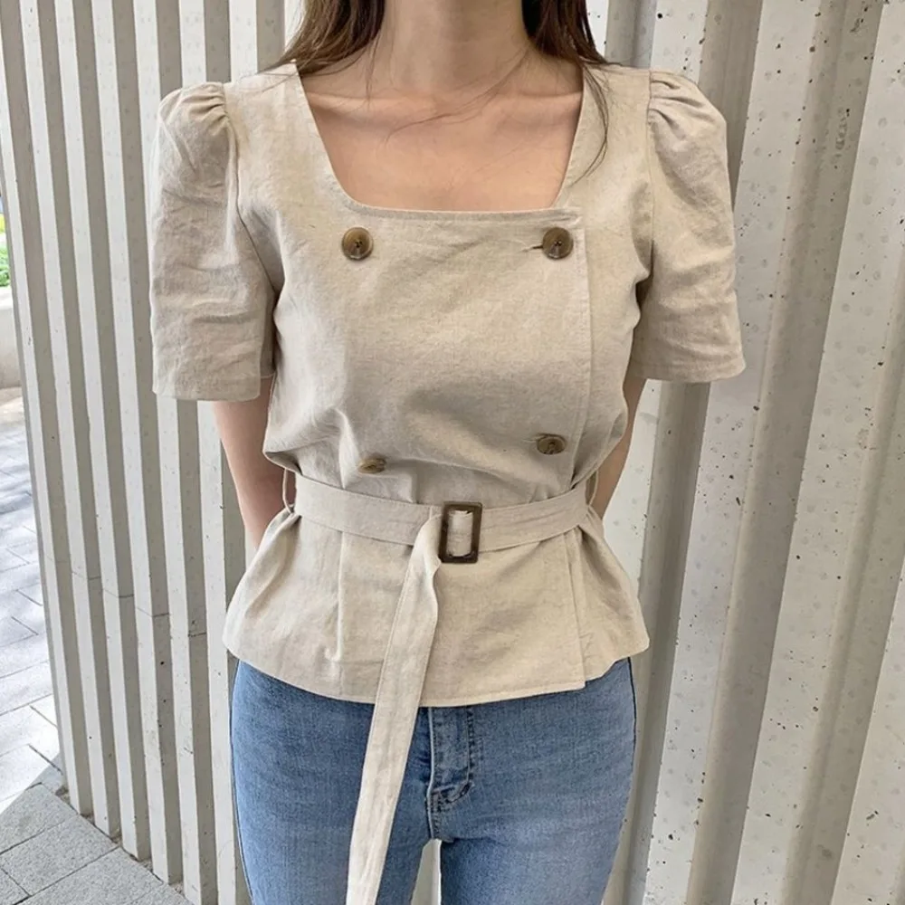 Women's Summer Vintage Cotton Linen Shirts with Belt Double Breasted Square Collar Blouse Female Tops 2024