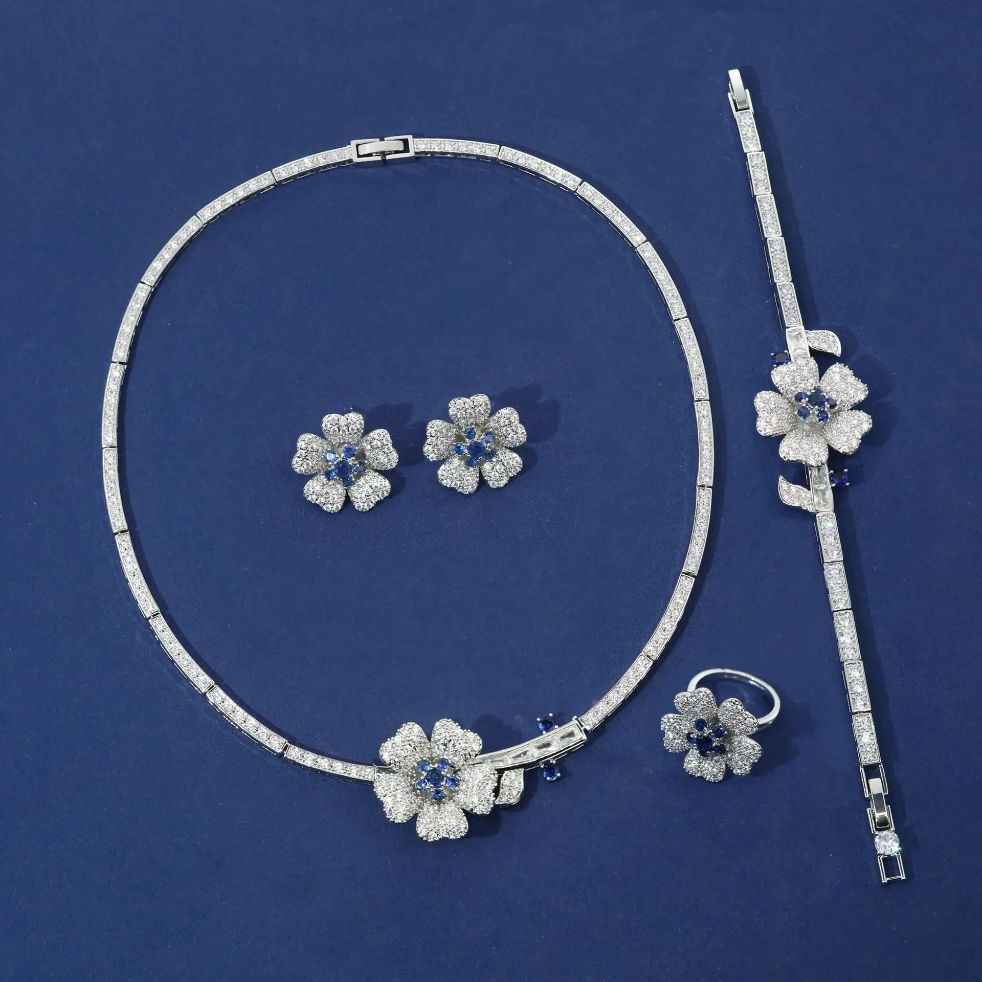 Korean Style Flower Zircon Necklace Bride Necklace Ear Bracelet Ring Evening Wedding Dress Set Accessories