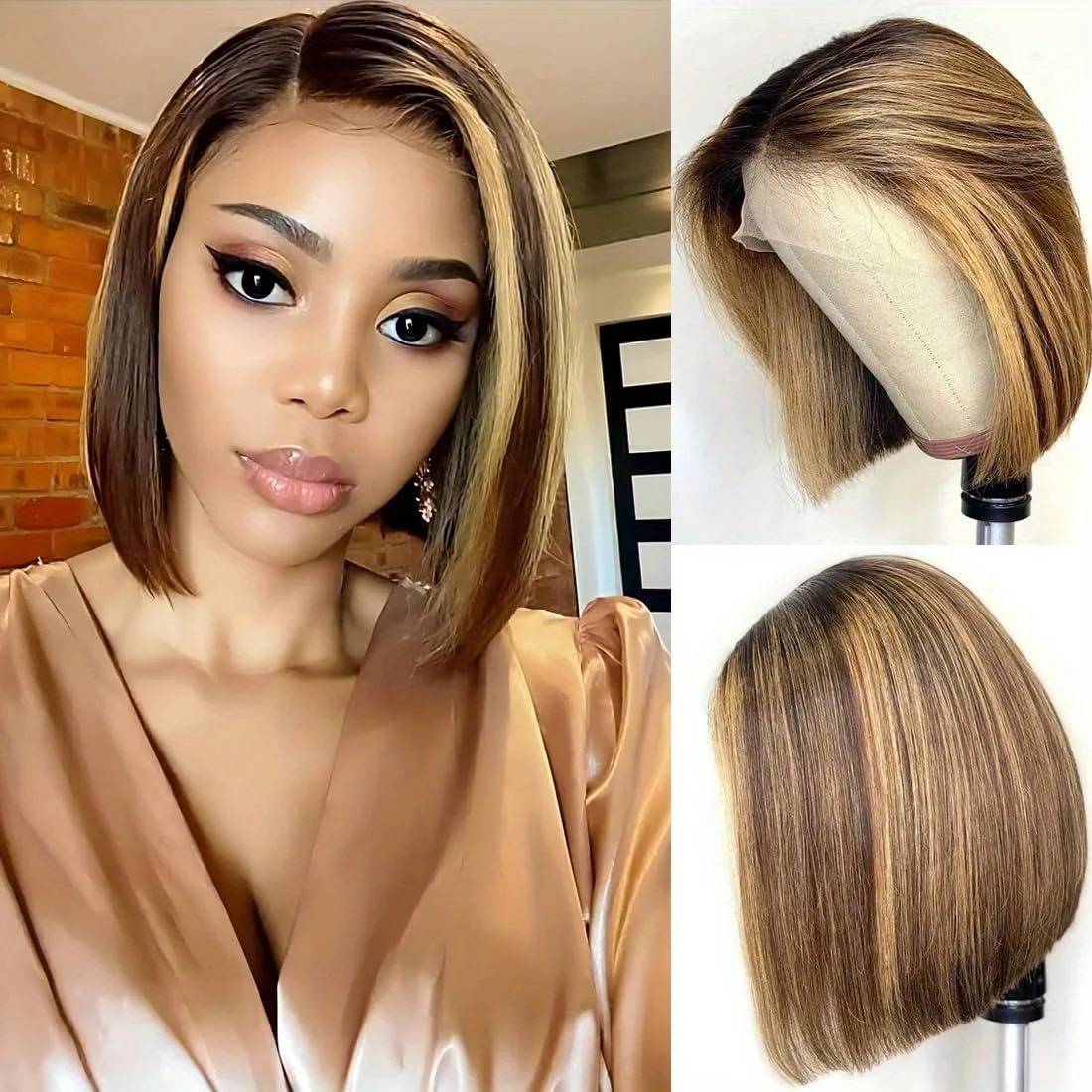 

Highlight Bob Wig Human Hair 4/27# 13X4 HD Honey Blonde Ombre Highlight Bob Lace Front Wigs Human Hair Baby Hair Around 12 Inch
