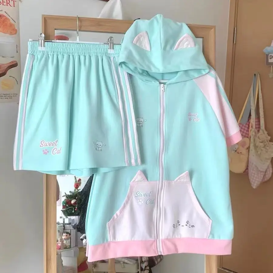 Cute Trouser Suits Female Summer Short Sets Kawaii Cat Ears Sports Suit 3D Decorated T-shirt Casual Two Piece Set Home Clothing