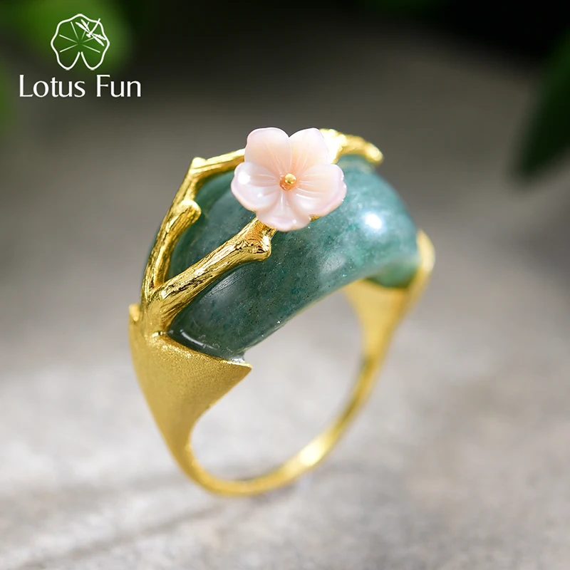 Lotus Fun Real 925 Sterling Silver Natural Pink Green Stones Original Handmade Design Fine Jewelry Plum Flower Rings for Women