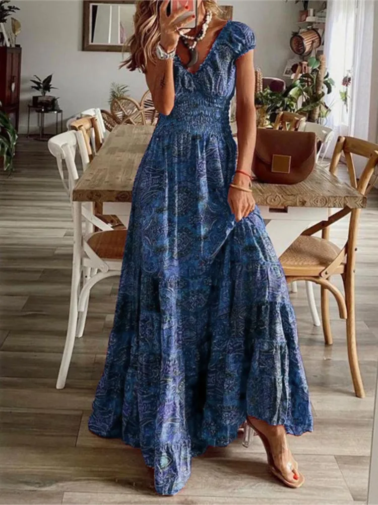 Women's Summer Bohemian Style 2024 New Dress With A Waistband Fashionable Floral Print Petal Sleeves Large Hem A-line Dress