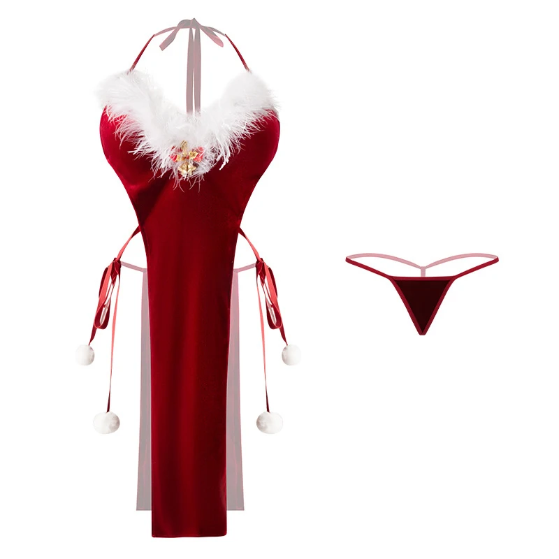 Natal sexy porno lingerie feminina de pelúcia vintage saia longa expor peito trajes de role-playing pacote crotchless sexo terno adulto