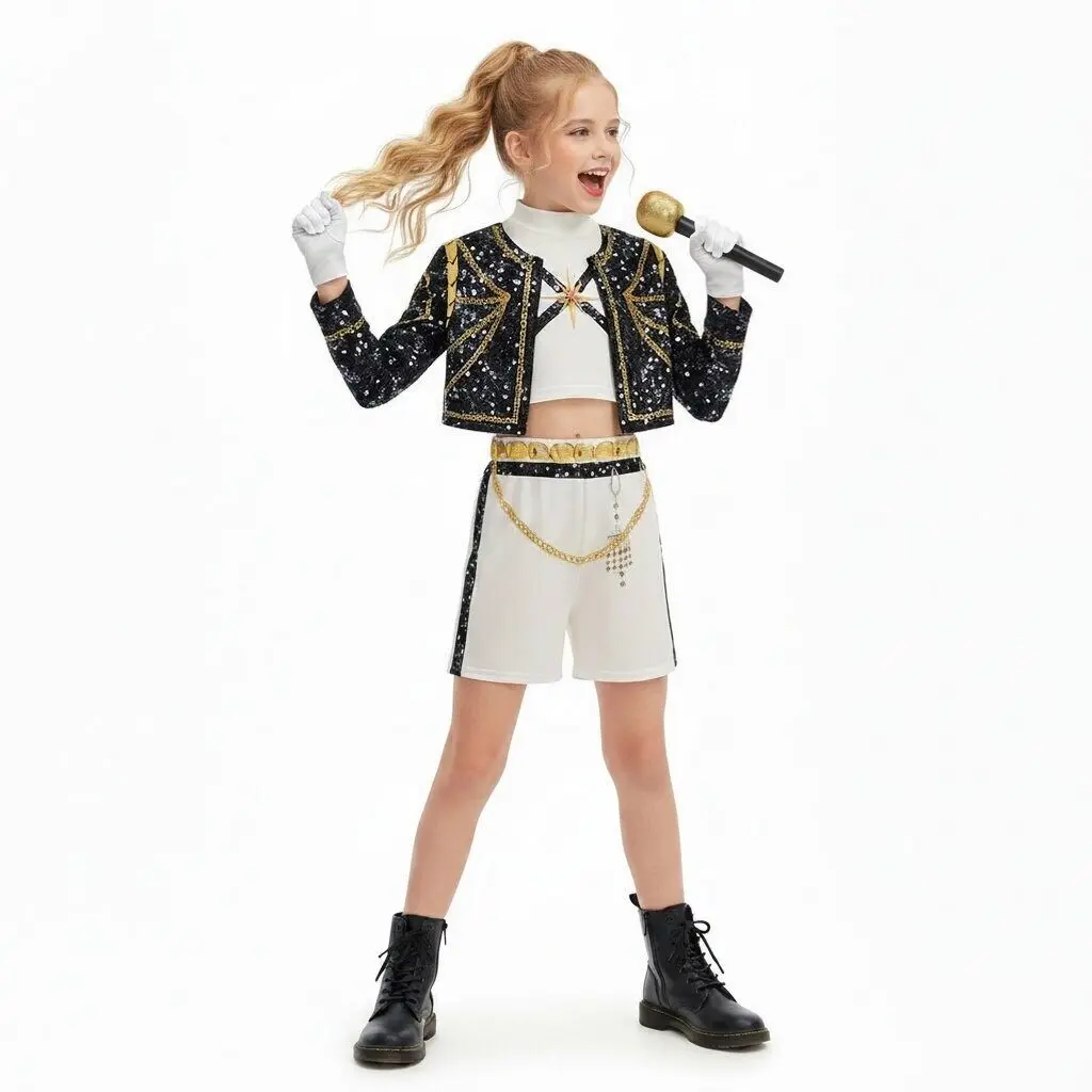 Mädchen Halloween Cosplay Pop-Sängerin Modekleidung Bühnenauftritt Kostüm 3-teilig Jacke Weste Shorts Uniform Show Party Kostüm – Detail 8