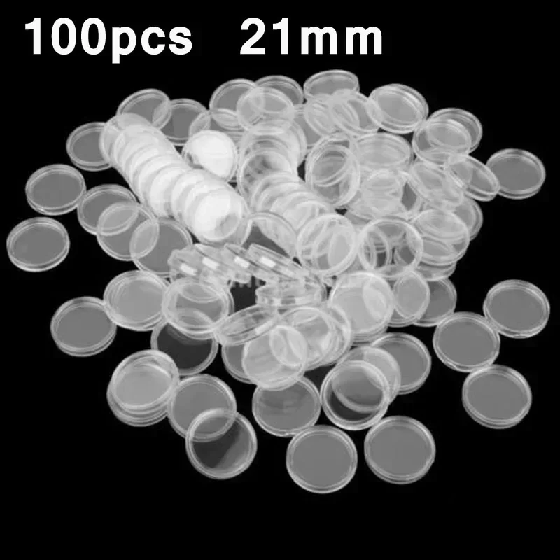 100Pcs 21mm Clear Plastic Coin Capsules Coin Holders Protector Cases Round Transparent Coin Storage Boxs