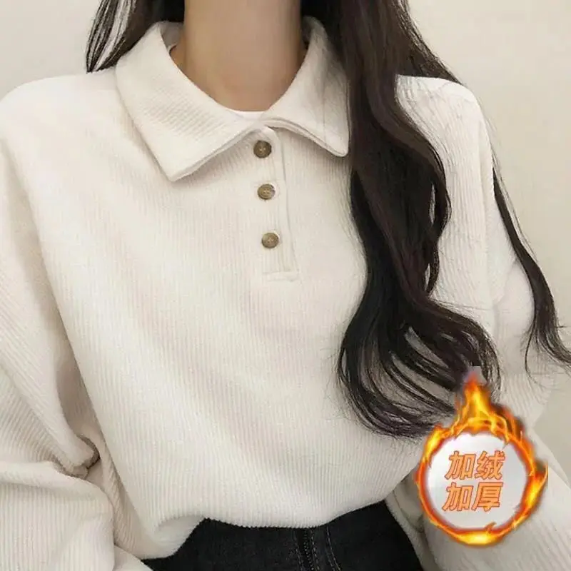 

Autumn Winter Fashion Casual Polo Lapel Pullover Women's Slim All Match Simple Preppy Style School Student Gentle Velvet top y2k