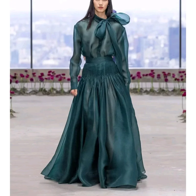 Summer New Arrival Women's Faion Set with Knot Decorated irt And High Waist Casual Long f-length Skirt