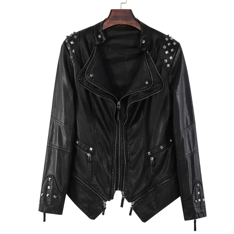 Motorcycle PU Leather Coat with Rivets for Ladies, Double Zip Lapel, Large Size, Autumn