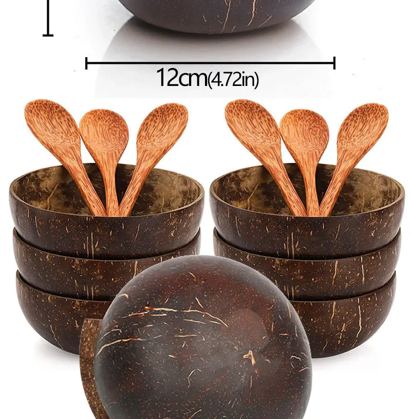 Natürliches Kokosnuss-Schalen-Set Handgefertigtes Holzgeschirr Holzlöffel Dessert-Obst-Salat-Mischschale Ramen-Aufbewahrungsschale Küchengeschirr – Detail 3