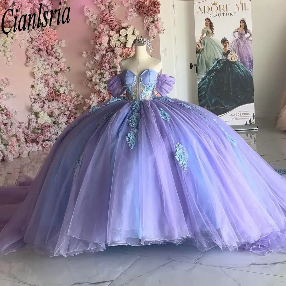 Lilac Off The Shoulder Pearls Beading Ball Gown Quinceanera Dresses Illusion 3D Flowers Appliques Lace Sweet Vestido De 15 Anos