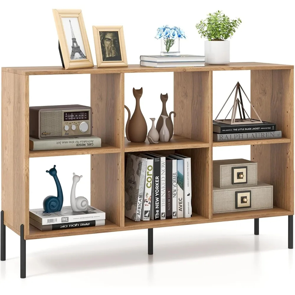 

Низкая книжная полка на 6 кубов, двухуровневый короткий деревянный открытый книжный шкаф для хранения вещей с приподнятыми металлическими ножками, регулируемая полка в 5 положений