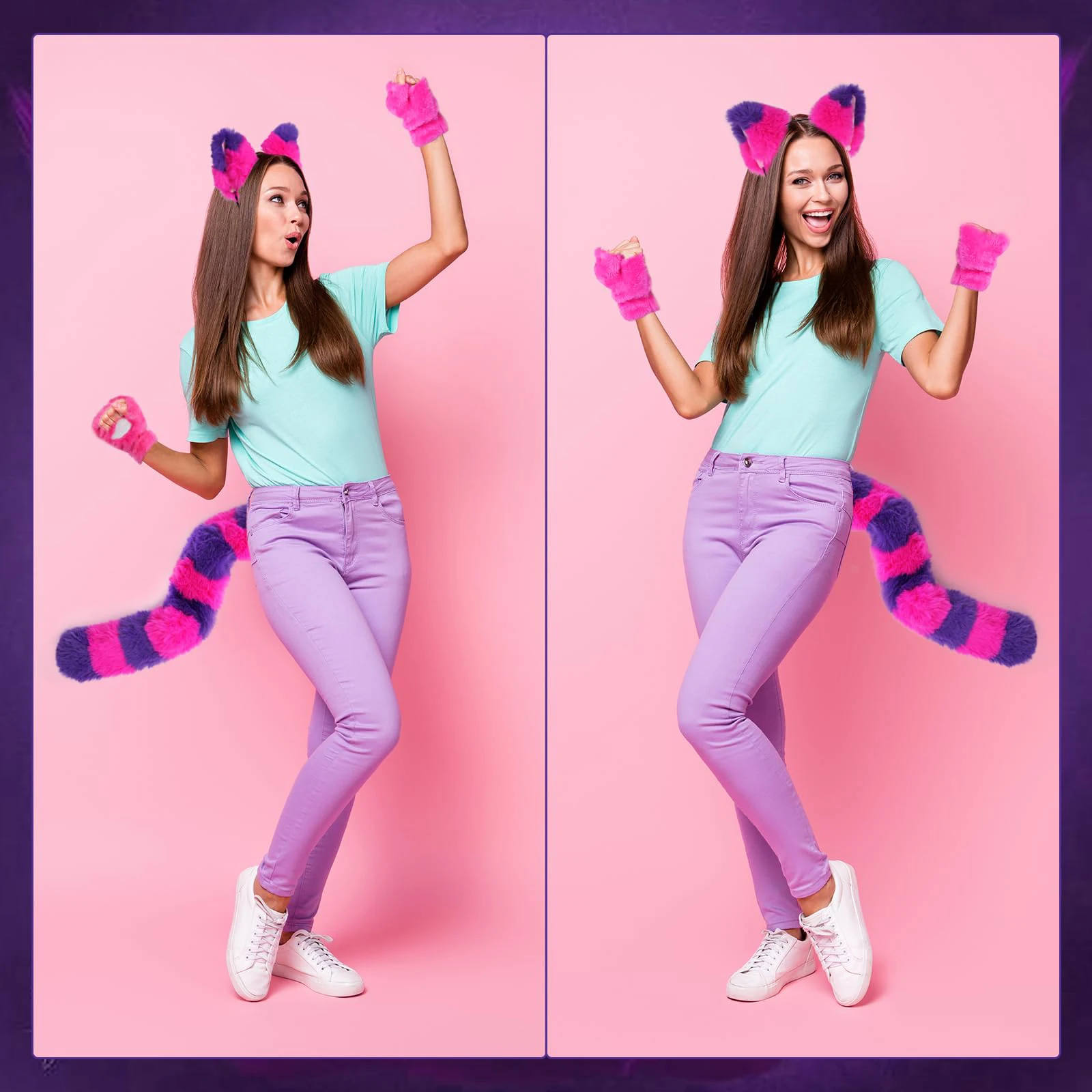 Pink and Purple Striped Cat Costume for Girls Women World Book Day Cosplay Accessories Include Cat Ears Furry Tail and PU Choker