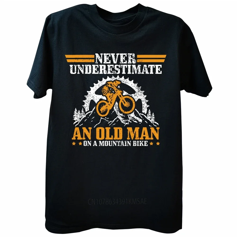 Camiseta de algodão Downhill vintage, presentes de streetwear para homens, nunca underinters um velho com uma mountain bike, verão