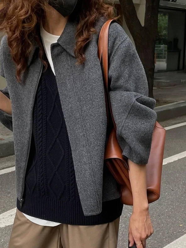 

Fall New Women's ort Woolen Coat Vintage Collar Flip High-End Feeling Trendy Small Size Friendly Straight Cut Model