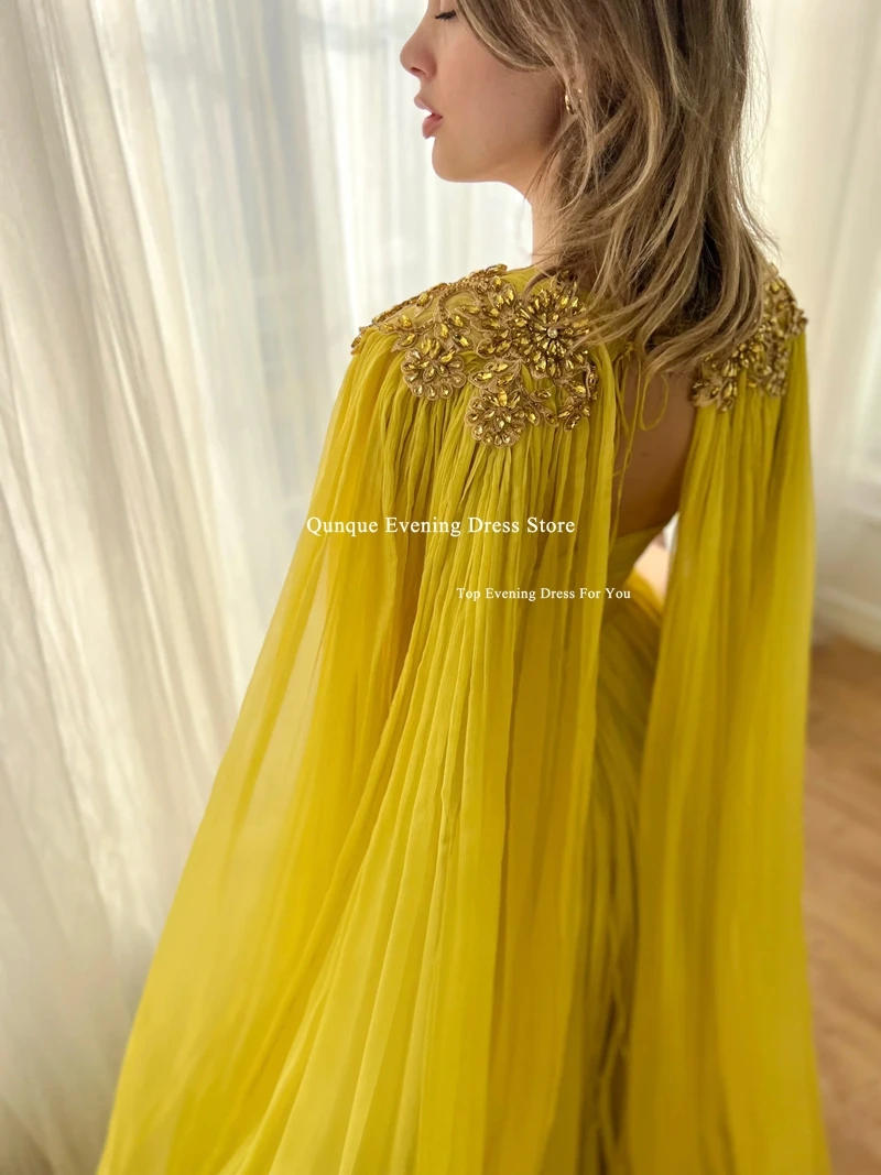 Qunque New Customized Party Evening Dress Celebrity Gowns High Slit Evening Dress With Detachable Crystals Cape Vestidos De Gala