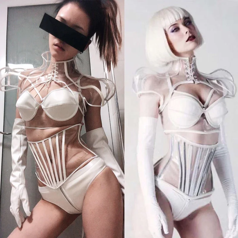 Punk Style Gogo Costume Sexy Pole Dance Clothing White Leather Loose Shoulder Bodysuit Nightclub Women Festival Outfit XS5682