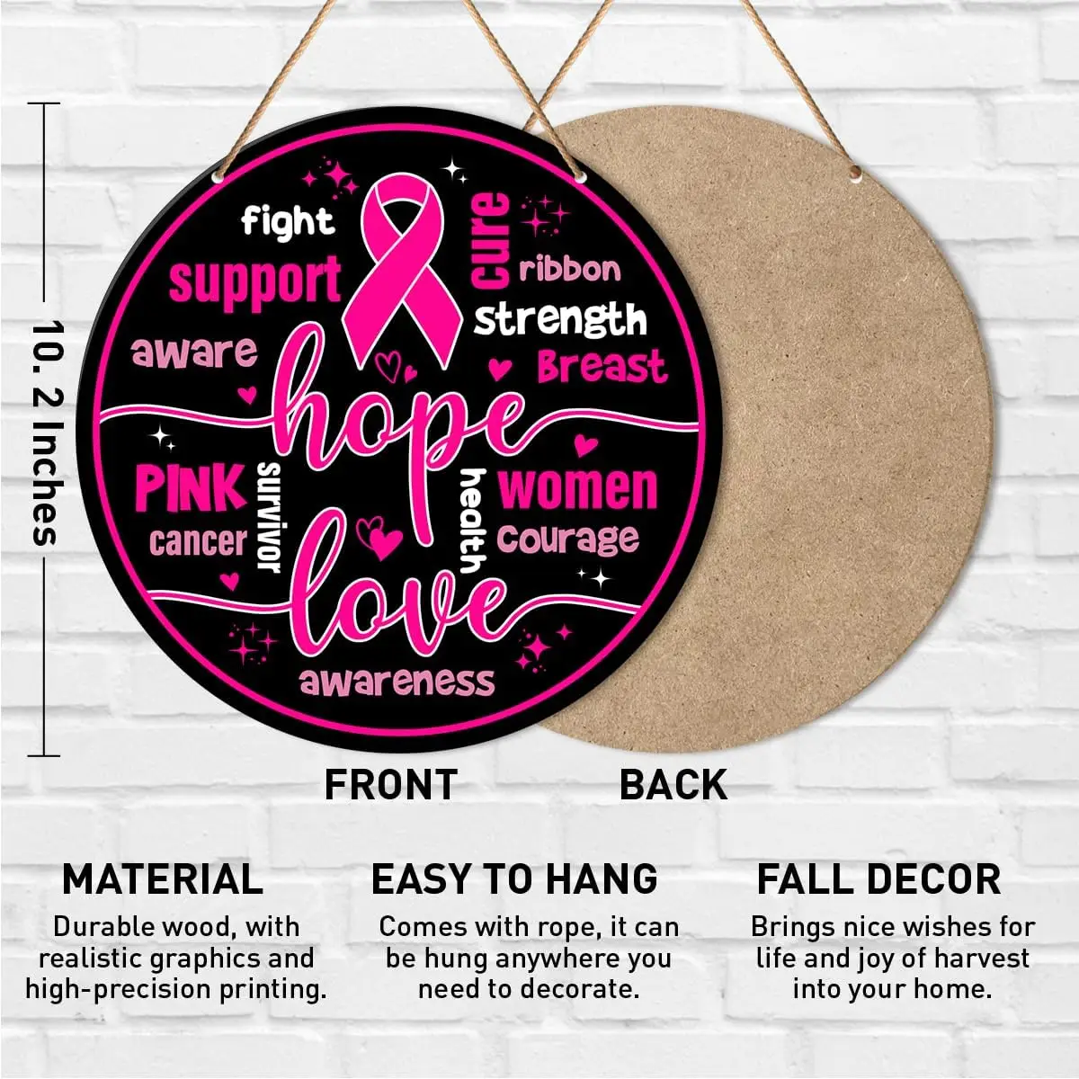 Breast Cancer Signs Wall Decor, Breast Cancer Round Hanging Sign Decor for Front Door, Patio, Porch, Encouragement