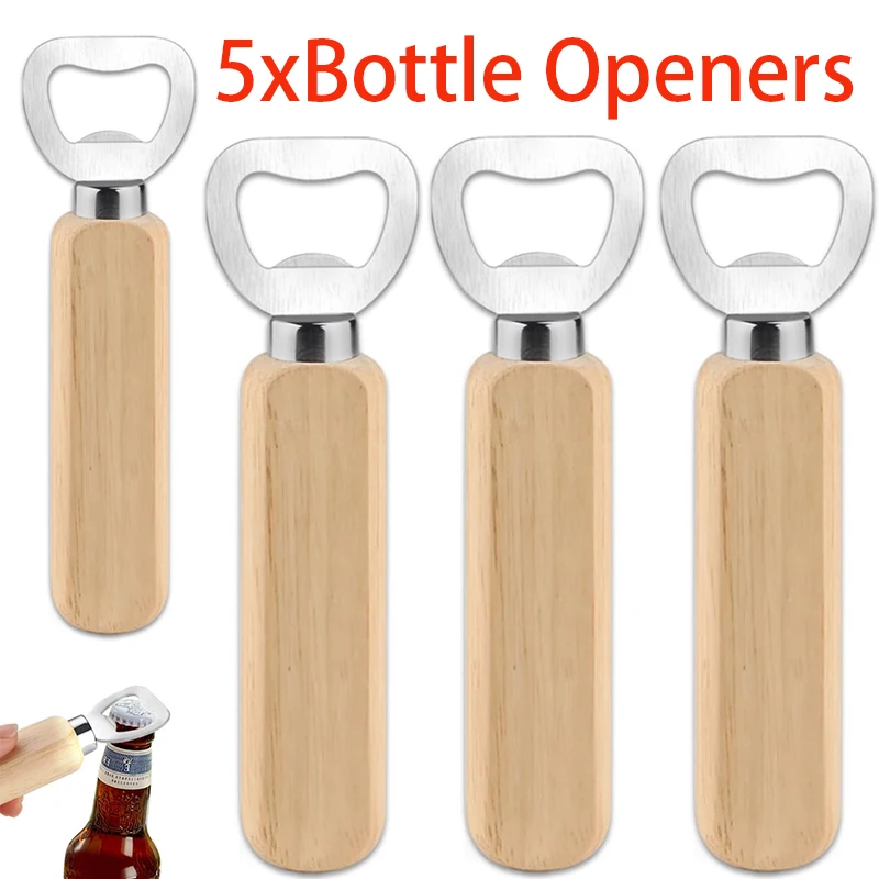 

5 Pcs Manual Beer Bottle Openers with Wood Handle Portable Lid Remover for Easy Opening