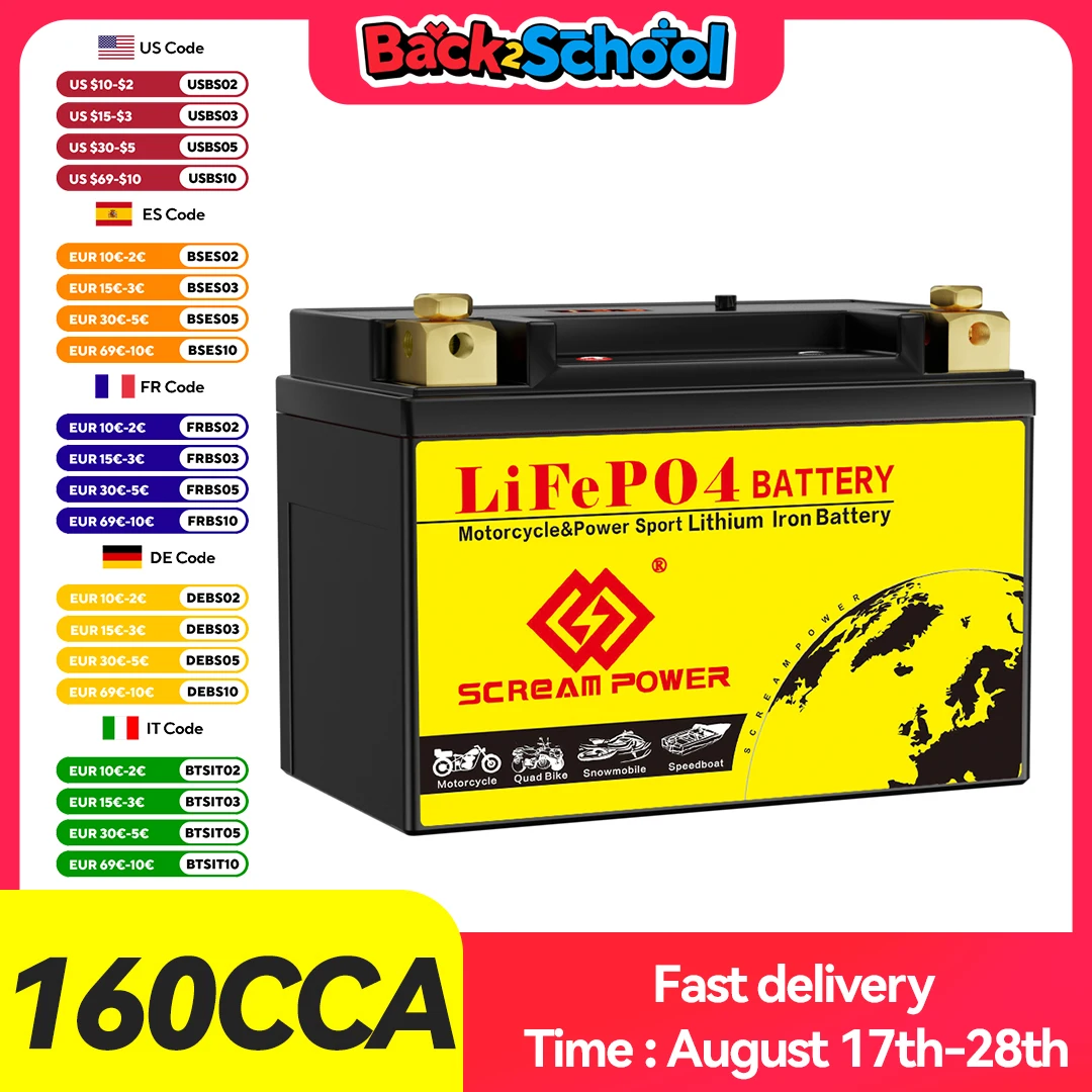 

Scr4L-BS 12V 2Ah Motorcycle Starter Battery CCA 160A Powersport Lithium Phosphate Battery For Motorcycle Scooter ATV UTV Quad