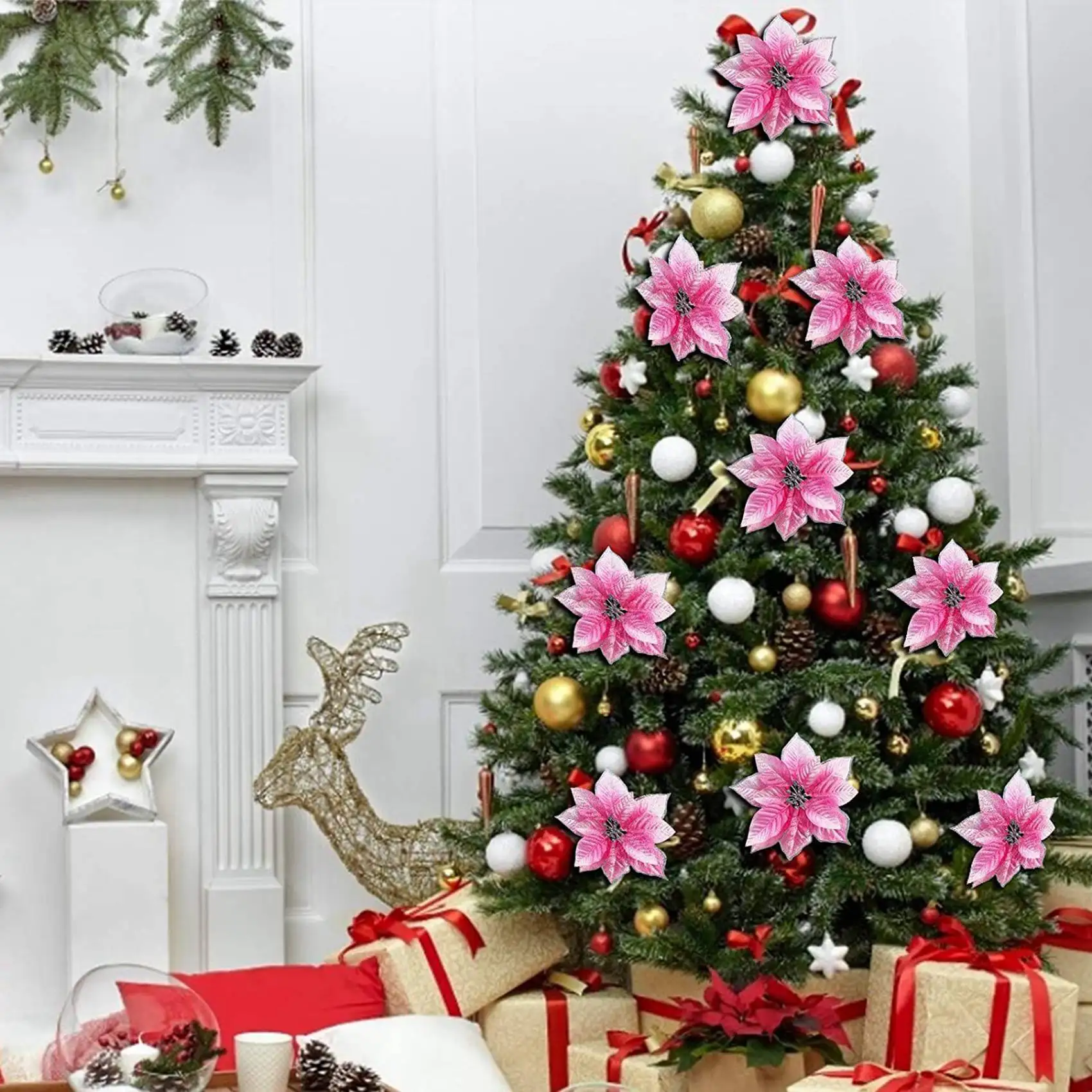 Y50A-100 حزمة بريق البونسيتة شجرة عيد الميلاد الحلي 5 بوصة زهور الحرير الاصطناعي يختار ديكور إكليل إكليل (الوردي)