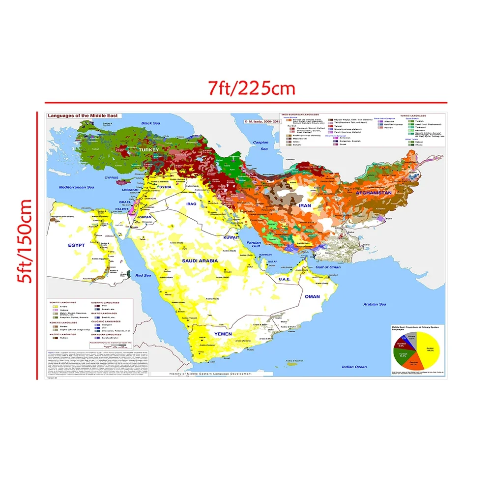 2006-2015 Map of the Middle East Language Development 225*150 cm Poster Non-woven Canvas Painting Home Decor School Supplies