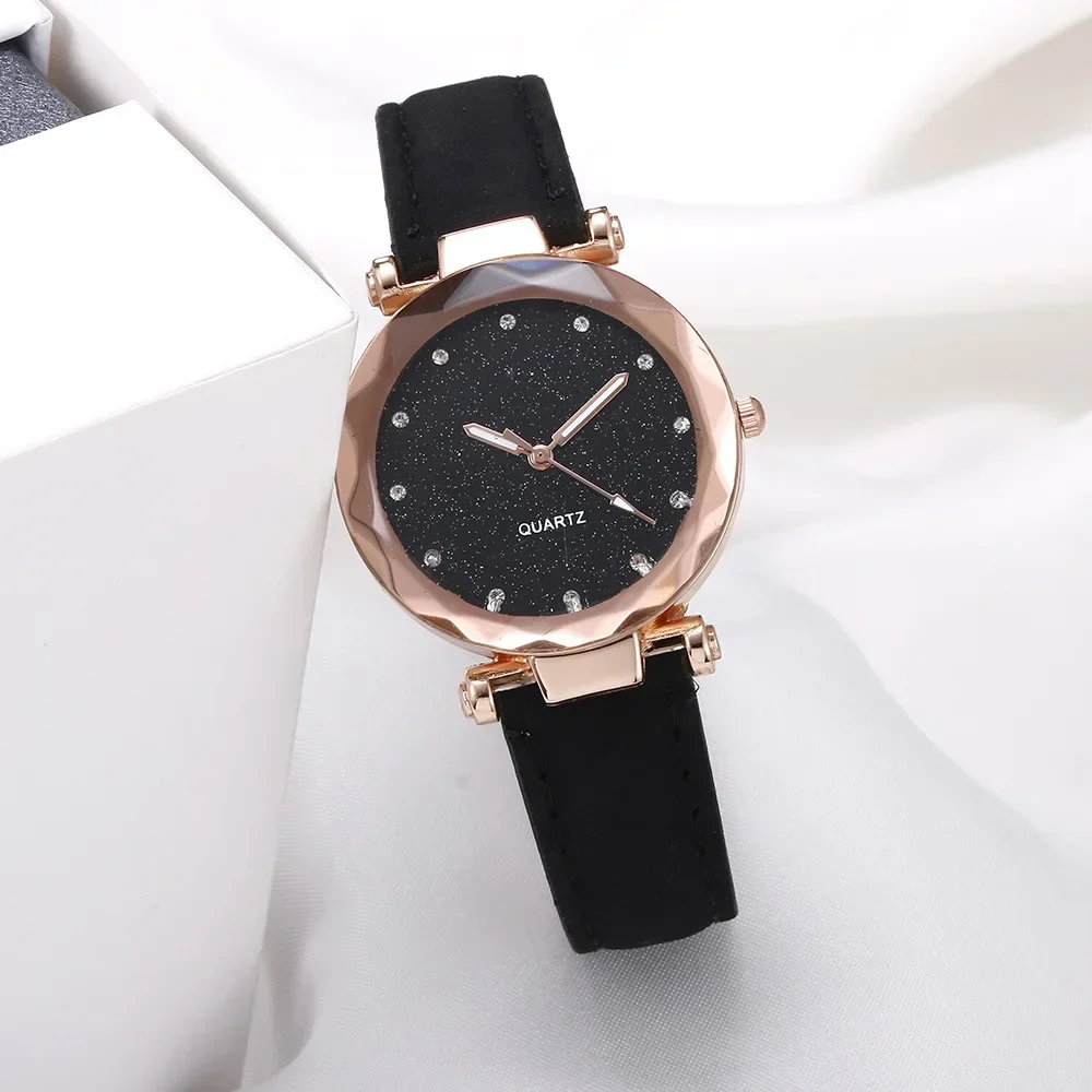 Ronde Gezicht Strass Star Sky Zilver Roze Vrouwen Voor Horloge Vrije Tijd Mode Trend Frosted Riem Vintage Black Quartz Polshorloge