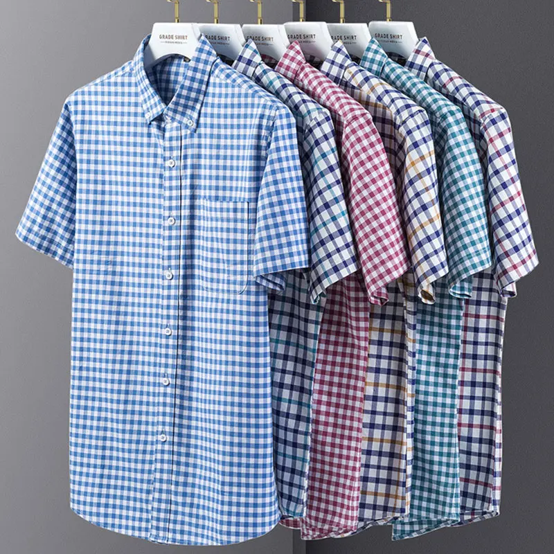 Summer new short sleeve 100% cotton plaid Oxford men\'s breathable business casual all-fit shirt free ironing high quality