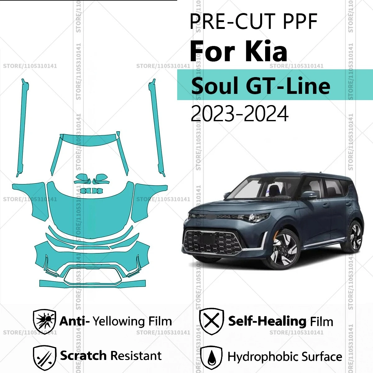 

Предварительно нарезанная прозрачная защитная пленка PPF для автомобиля Kia Soul GT-Line 2023-2024, комплект для передней части - накладки на пороги