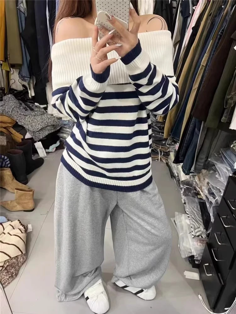 Harajuku Slash Neck Stripe Sweaters Autumn Grunge Vintage Women Loose Pullovers Y2k Aesthetic Off Shoulder Casual Knitted Jumper