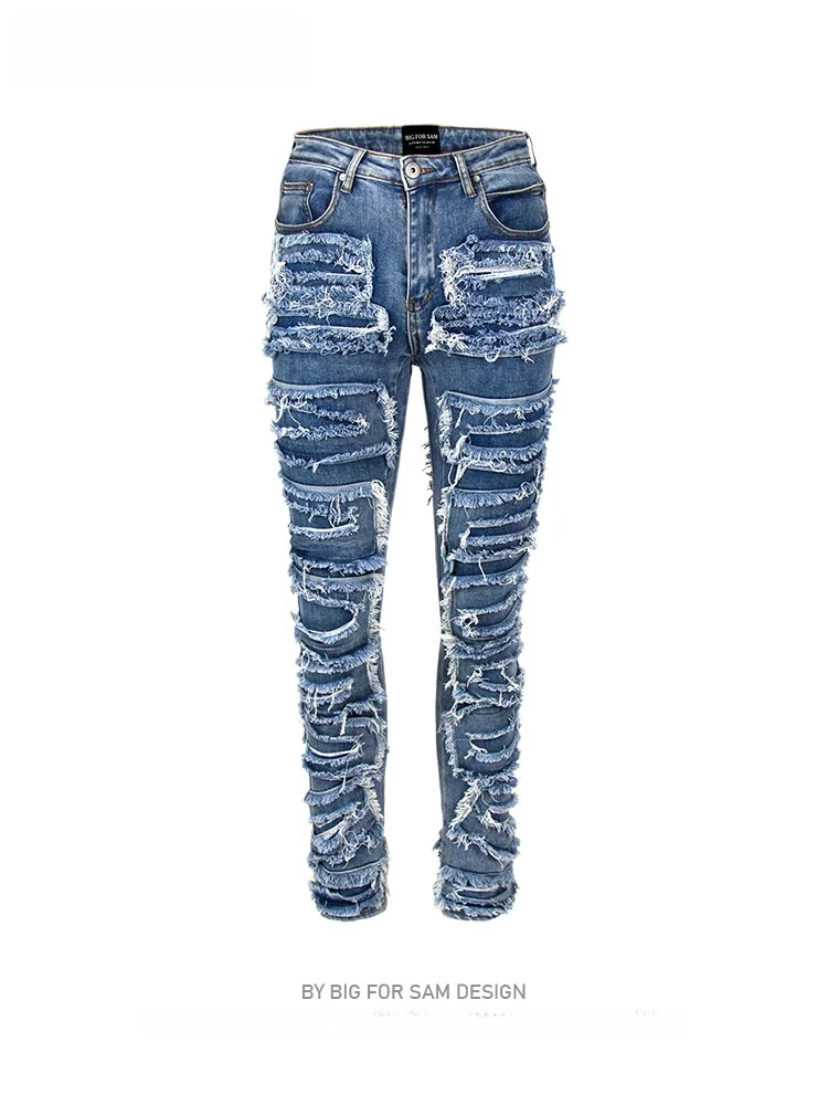 

Big for Sam Men's Trendy High Street Style Elastic Ripped Jeans Cotton Stretch Denim Patchwork Long Trousers Youth Culture