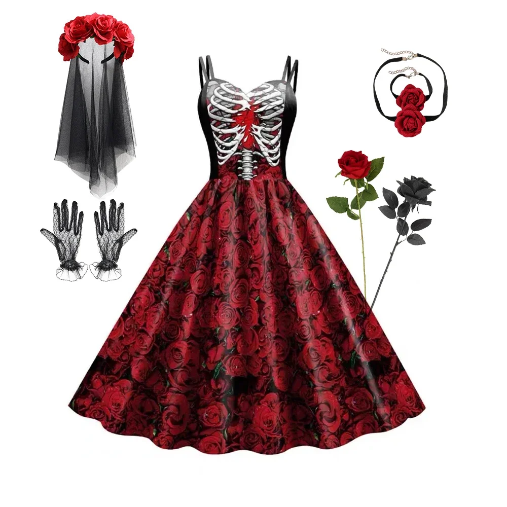 Teenager-Mädchen Rollenspiel-Kleid Damen Skelett-Rosen-Cosplay Ärmelloses Swing-Kleid Gothisches Halloween-Kostüm für Kostümparty – Detail 6