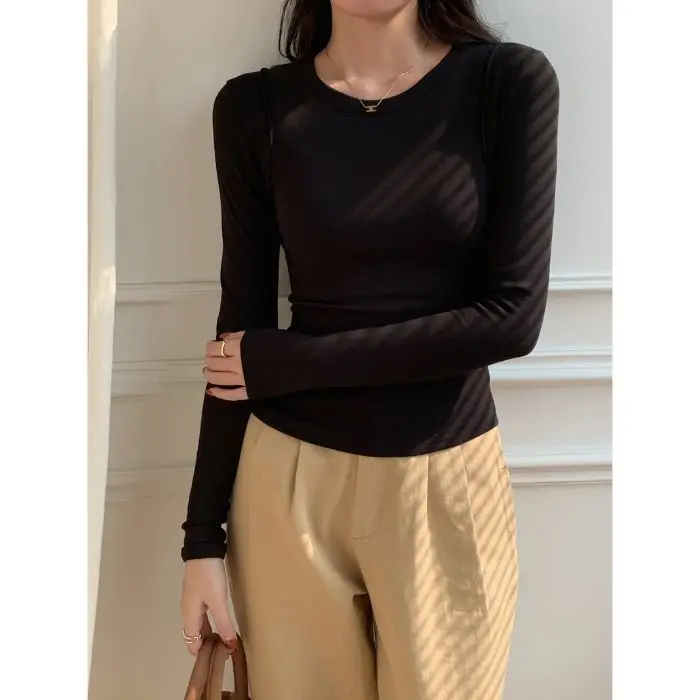Neue O Hals Baumwolle Langarm T-shirt für Frauen Sexy Gestellte Tops Herbst Beiläufige Dünne Dünne Grundlegende Frau T Shirts Weiße Kleidung – Detail 10