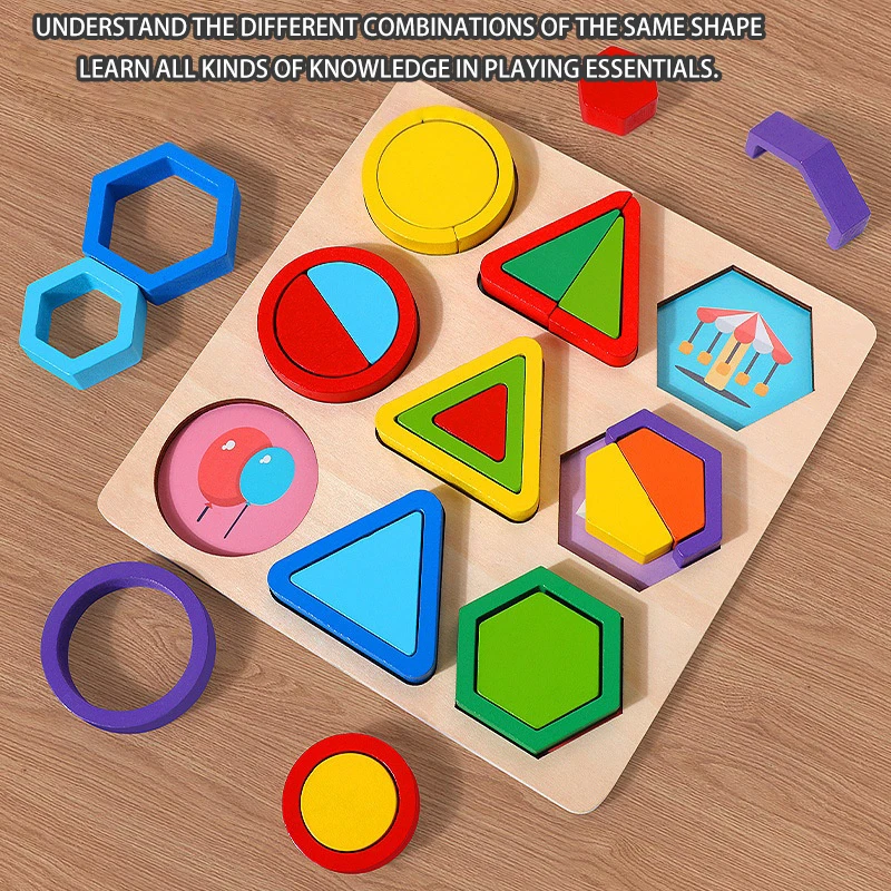 ของเล่นเด็กเล็กแบบมอนเตสซอรี่ ของเล่นไม้รูปทรงเรขาคณิตหลากสีสัน ตัวต่อจิ๊กซอว์ 3 มิติ กระดานตัวต่อเสริมพัฒนาการเด็ก ของเล่นจับคู่ ของขวัญ