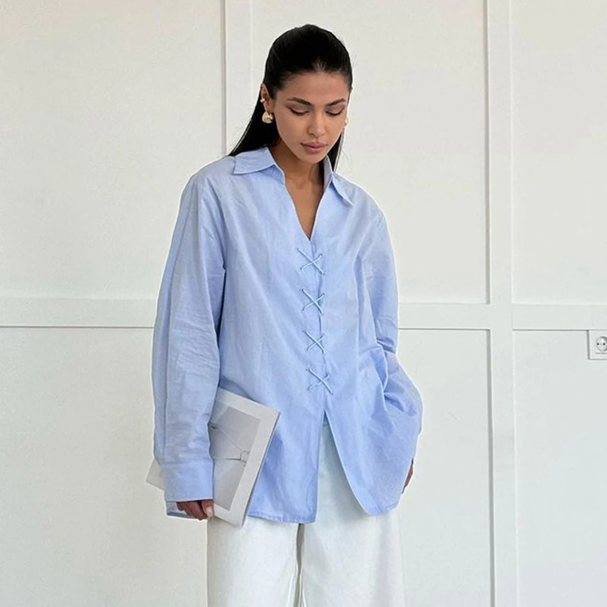 

Crisscross Lace-Up Shirt Women Summer Fashion Cotton Long Sleeve Lapel Loose Shirts Blouse Lady Elegant Tops Streetwear 2025