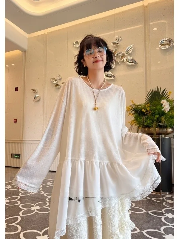 

Женский кардиган большого размера с кружевной основой, двухслойный, из фатина, свободного кроя, с длинными рукавами, круглым вырезом, в модном стиле