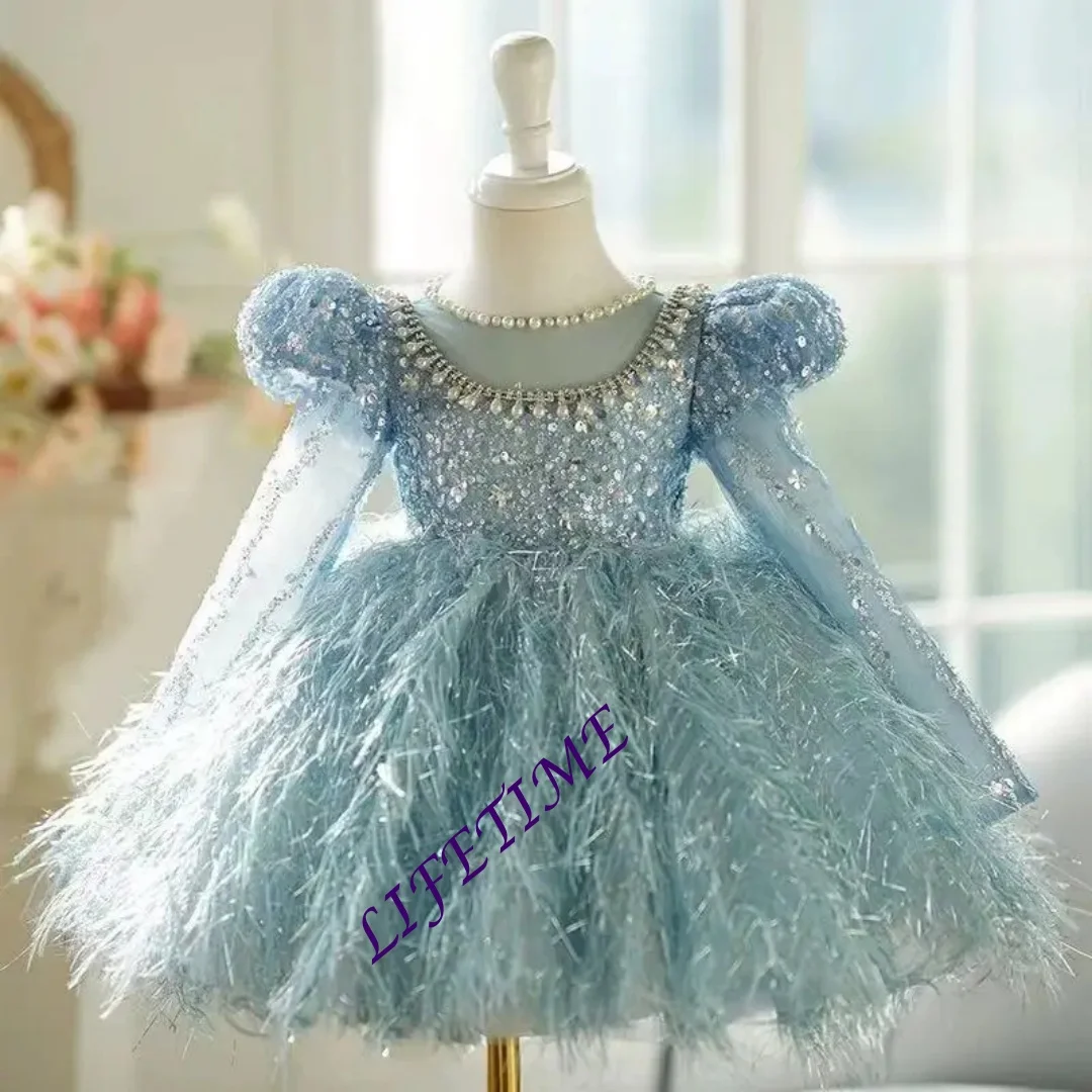 

CustomizedNew Baby Girl Princess Sequins Feather Dress Puffy Sleeve Toddler Child Pearl Vestido Party Birthday Baby Clothes