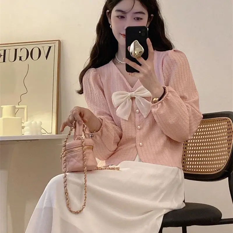 French Style Shirts Women V-neck Bow Long Sleeve Loose Solid Sweet Clothing Spring Autumn Design Casual Commuting Fashion New