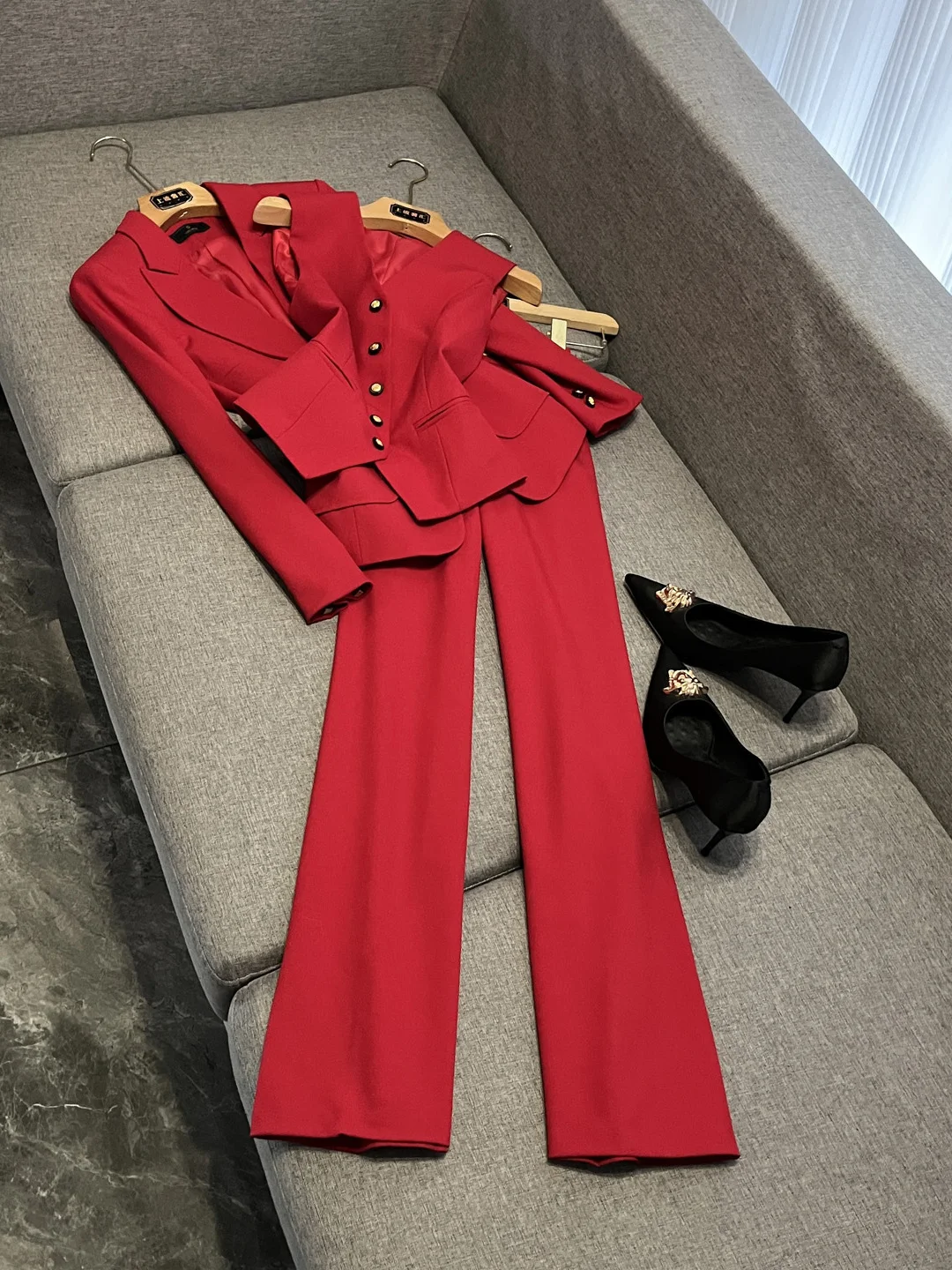 

Красный костюм, женская профессиональная рабочая одежда Ele Godd Sle, осень-зима, элитная деловая официальная одежда X40