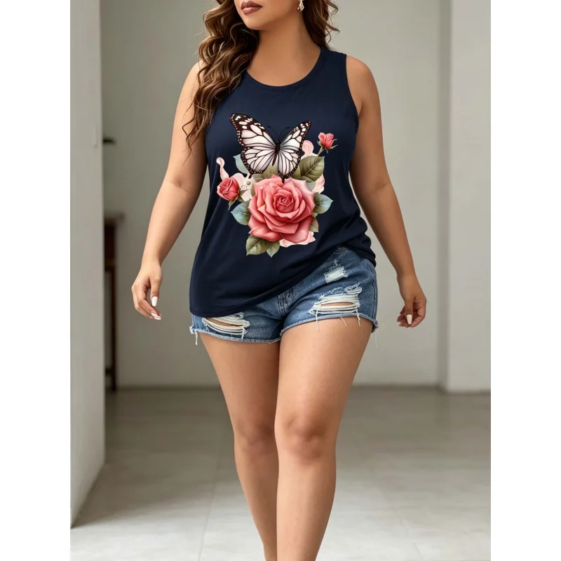 

Floral print summer large-sized fashionable round-neck pullover for women - sports style sleeveless pullover