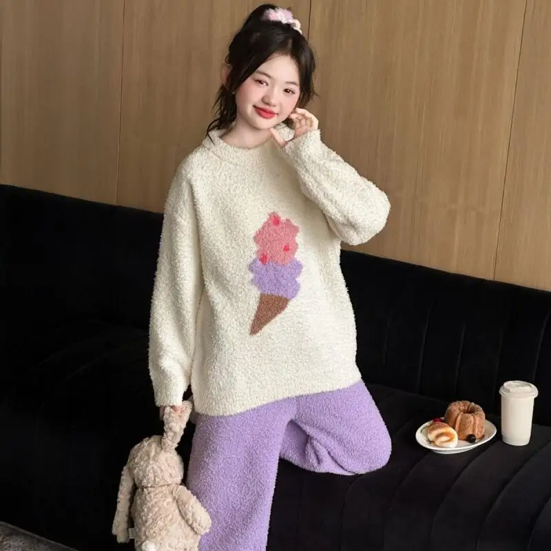 Kawaii فتاة موضة بيجامة مجموعة طالب الشتاء الدفء عادية الفانيلا رشاقته القمم السراويل الطويلة 2 قطعة مجموعة ملابس الأطفال #3