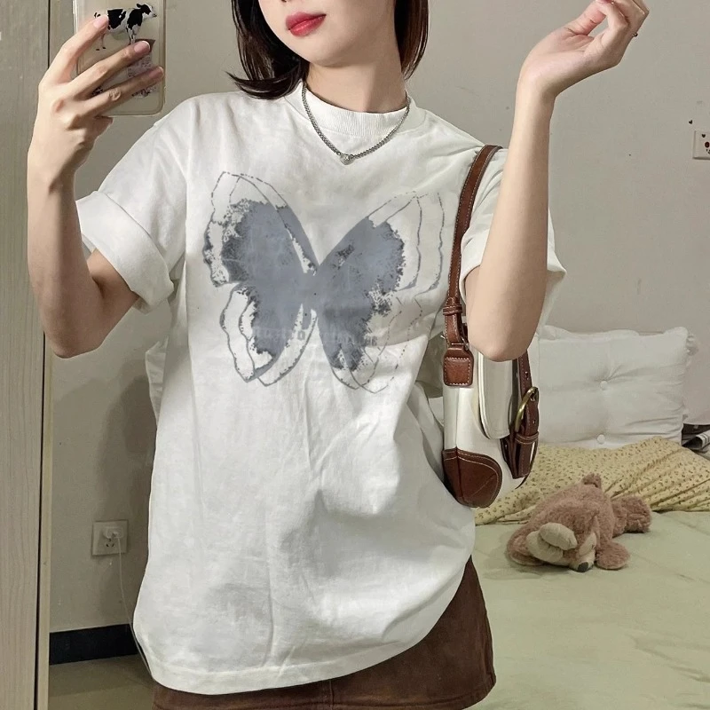 2024 Summer New Retro Butterfly Printed T-shirts Women Casual Loose O-neck Short Sleeve Tees Office Lady Basic Daily Tops Female