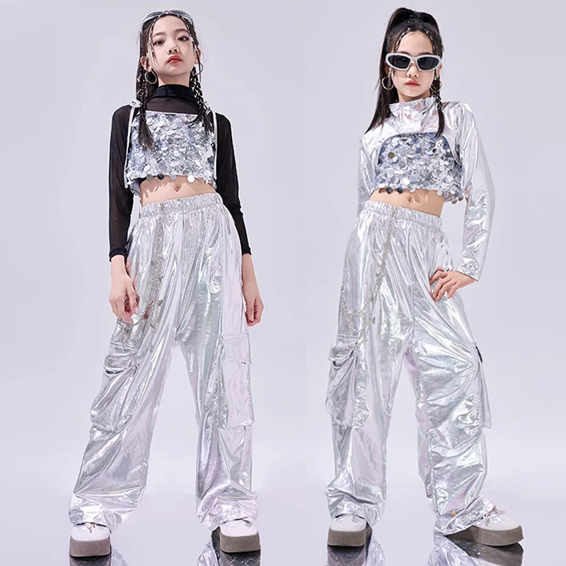 

Jazz Dance Costume Girls Sequin Tops Silver Pants Kids Street Dance Wear Children Kpop Fahion Clothes Hip Hop Stage Show Outfit