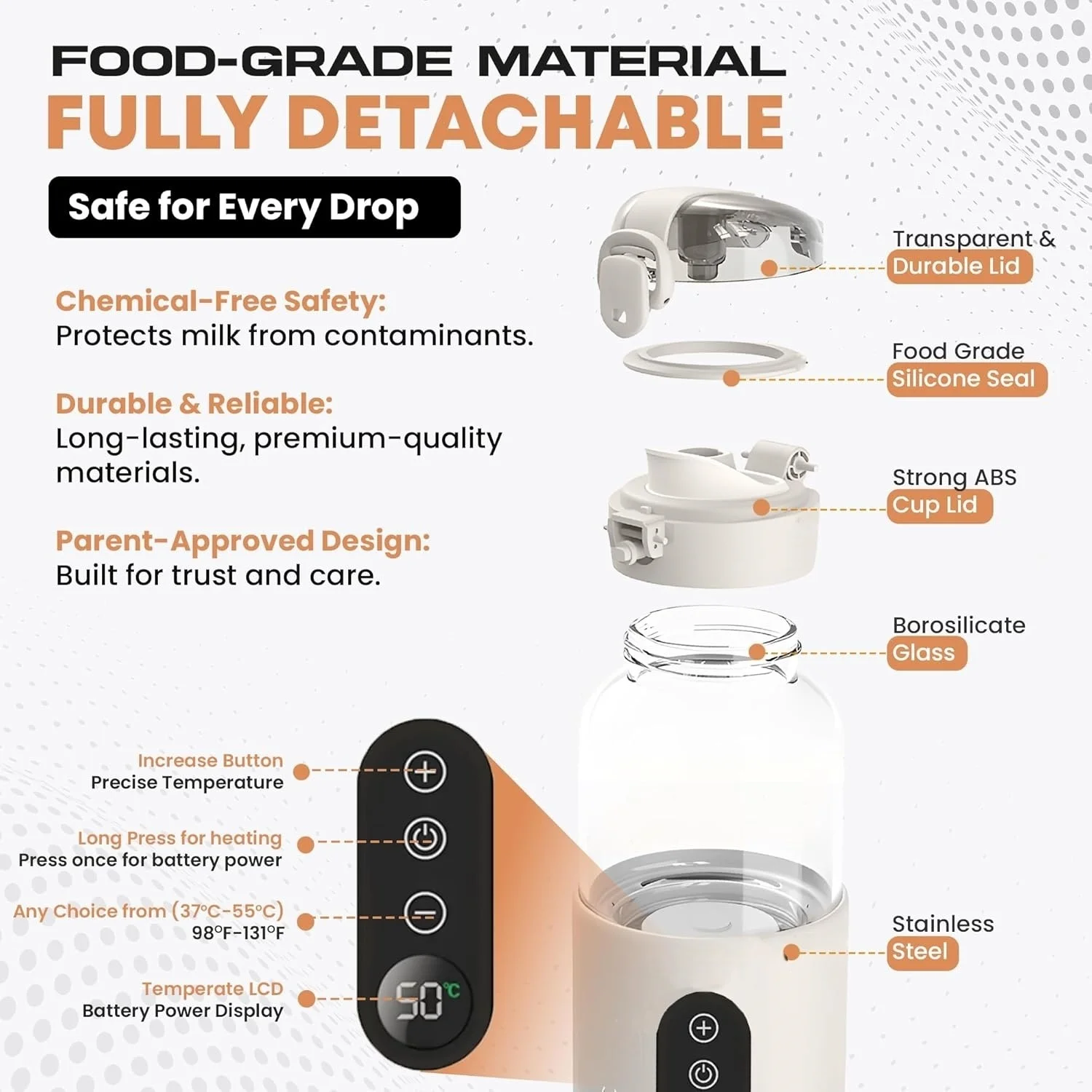 Calentadores de biberones portátiles recargables 37-55 ℃   Calentador de botellas eléctrico inalámbrico de agua y leche de calentamiento rápido ajustable en la marcha
