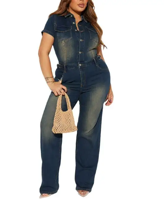 Style Hong Kong rétro Style classique revers bouton avant coupe ajustée à manches courtes combinaison femmes tempérament décontracté Denim combinaison